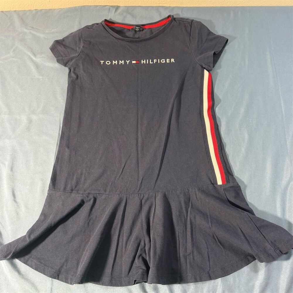 Tommy Hilfiger Girls' M Navy Blue Striped Knee Length Dress Casual